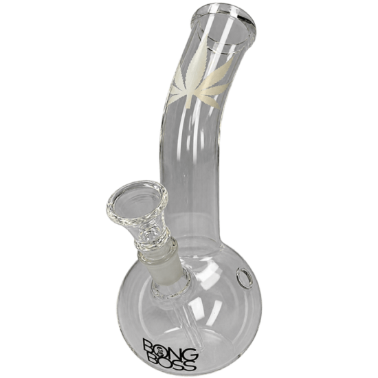 Bong Boss glass bong ball curved, transp./hemp leaf white, h.23cm, Ø3,7cm, glass chillum 14 cut 345897