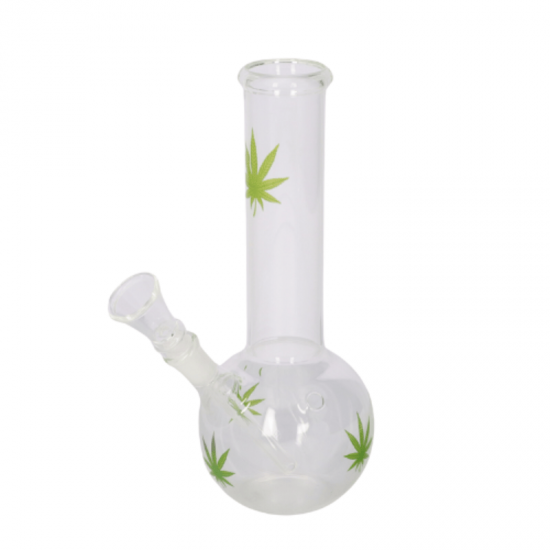 Super Heroes glass bong ball, transparent/hemp leaf green, h.23cm, Ø4cm, glass chillum 14 cut 345893