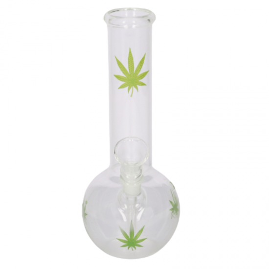 Super Heroes glass bong ball, transparent/hemp leaf green, h.23cm, Ø4cm, glass chillum 14 cut 345893