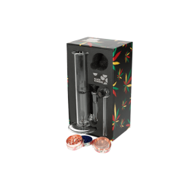 Super Heroes Set: Mini glass bong h. 19,5cm+metal grinder 4cm + glass pipe with sieve 340234