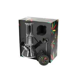 Super Heroes Set: Mini glass bong h. 20cm+plastic grinder 6cm h.2,5cm & glass pipe with sieve 340233