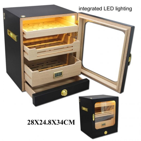 Μαύρος Με Τζάμι, 3 Ράφια, Led & Ψηφιακο Υγρασιόμετρο 75-100 Πούρων 1872B