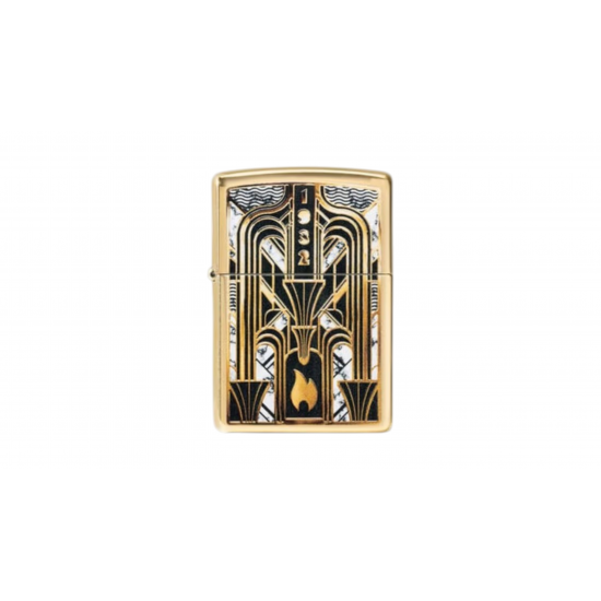 Zippo Windproof Pocket Lighter Art Deco Flame Design High Polish Brass 46585